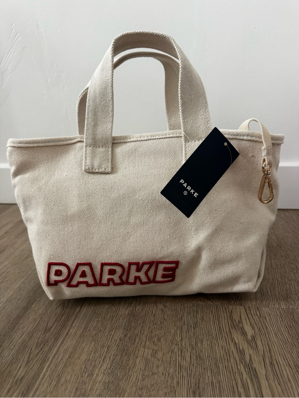 Parker Natural Canvas Tote with Red Logo and Gold Hardware